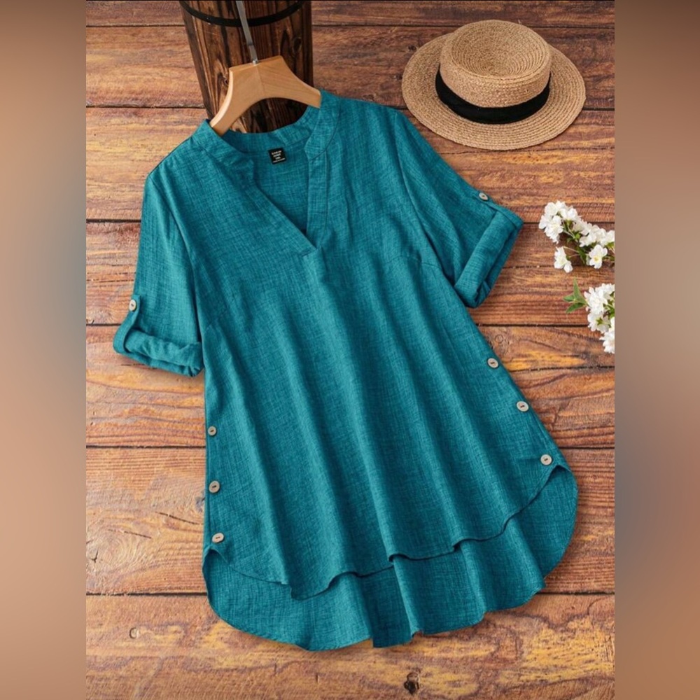 SHEIN Teal Button-Accent Short Sleeve V-Neck Tunic